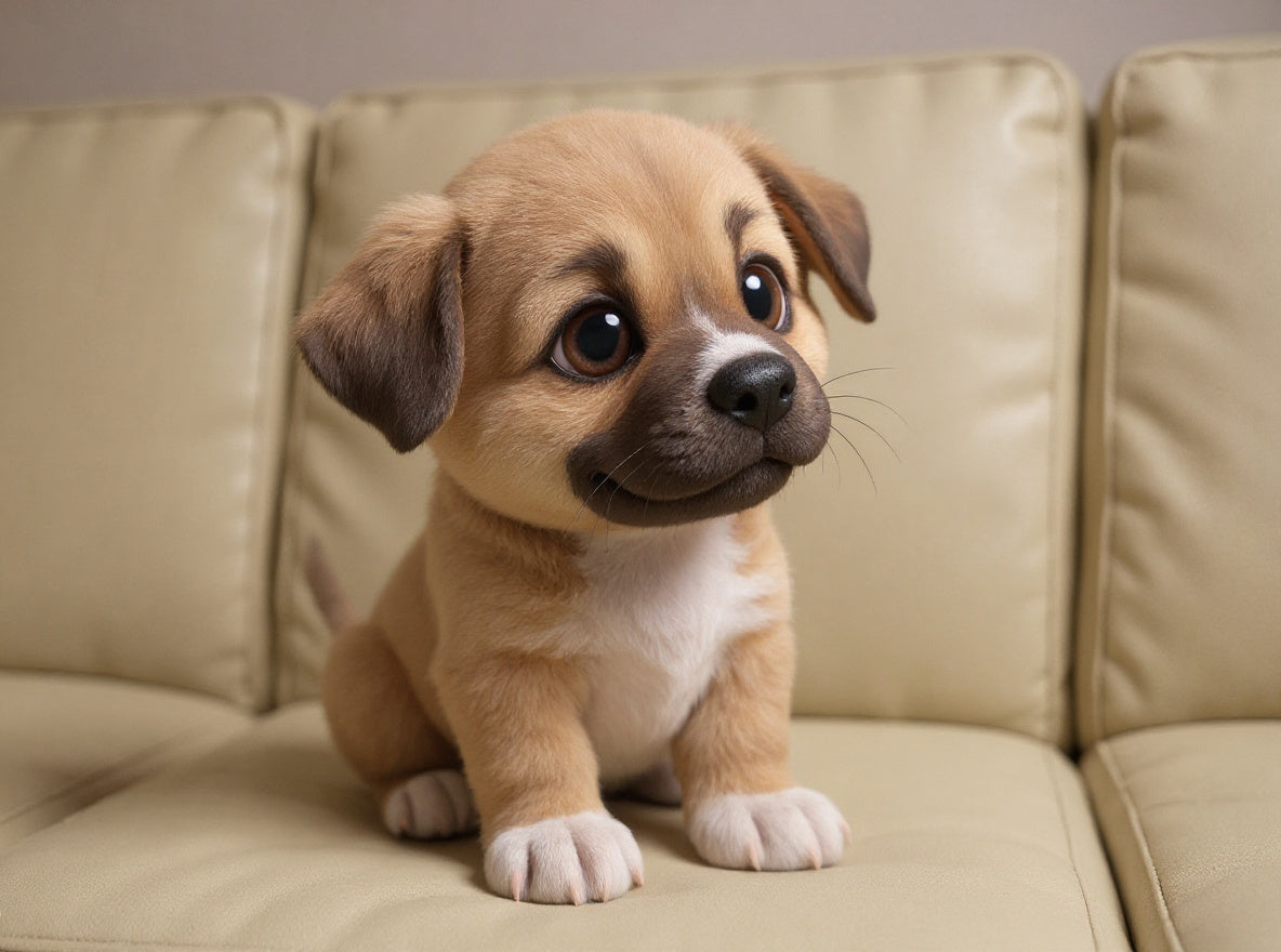 Puppy Mickey reimagined as a cartoon character on a cream sofa